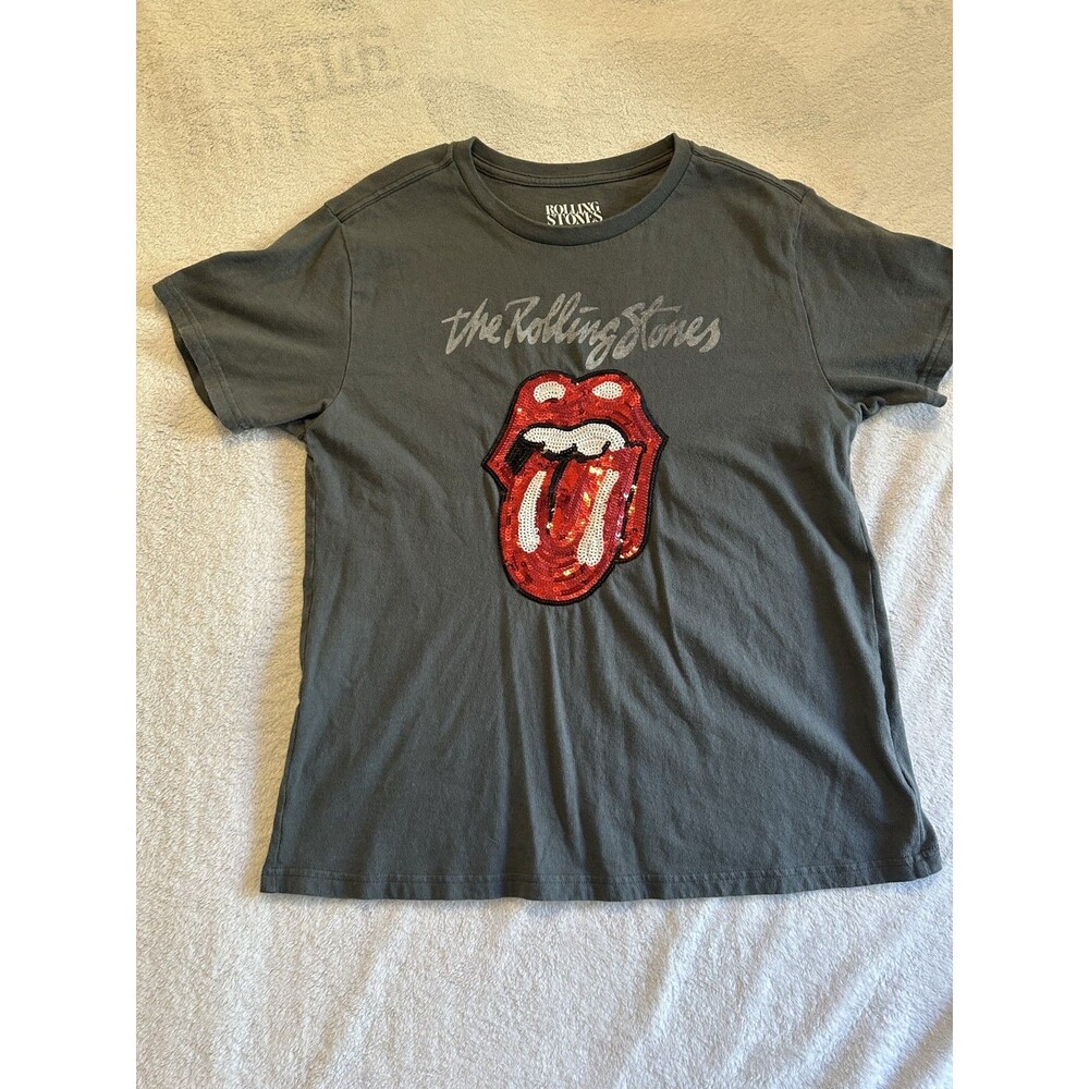 Lucky Brand Rolling Stones Sequin Tongue Logo Graphic Tee Charcoal Gray Medium